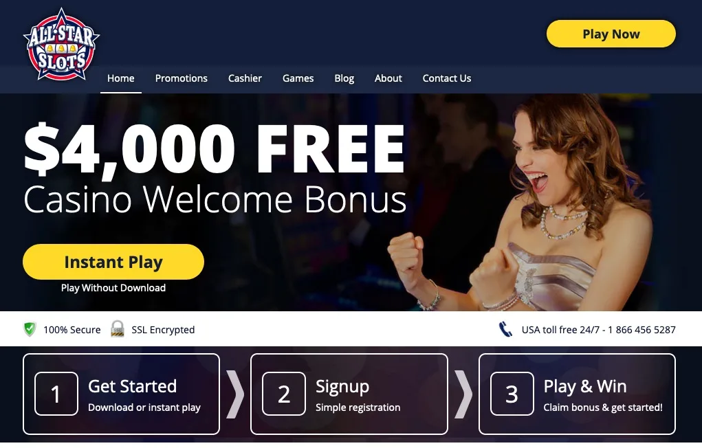 All Star Slots casino homepage with welcome offer (US capture)