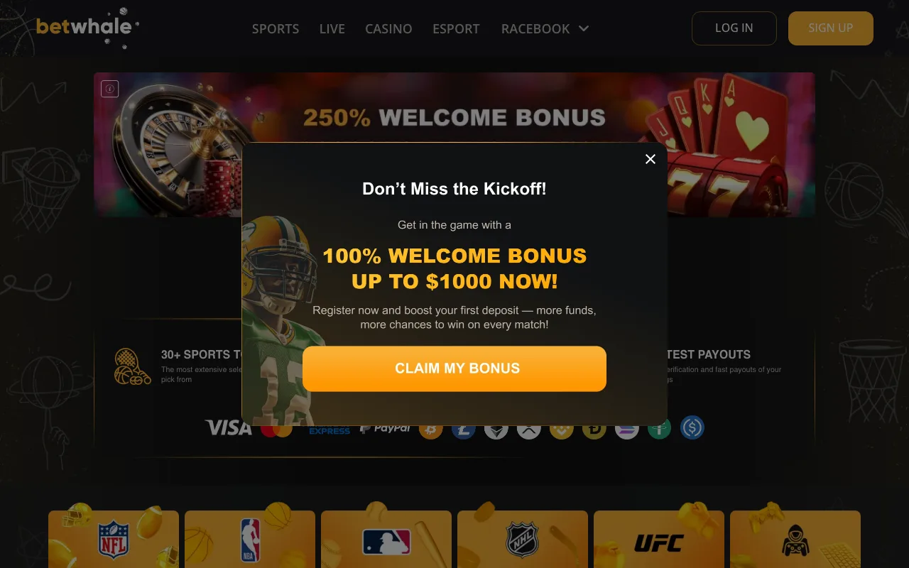 BetWhale casino homepage showing the current welcome offer (US capture)