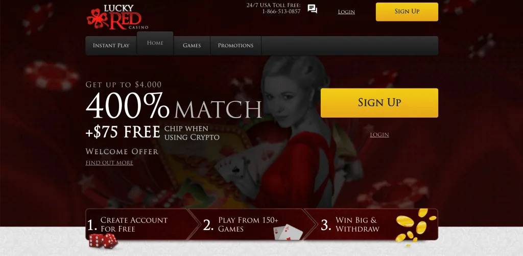Lucky Red Casino casino homepage showing the current welcome offer (US capture)