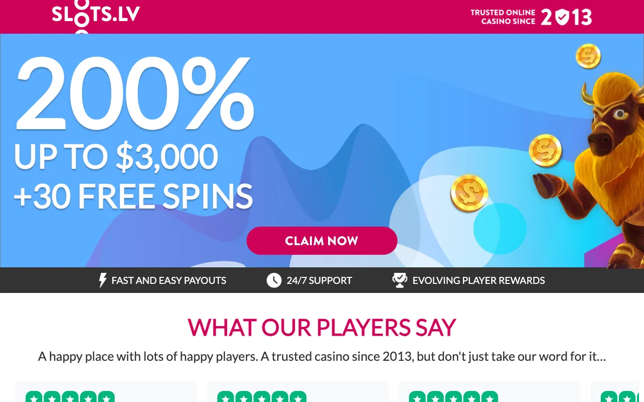 Slots.lv casino homepage with welcome offer (US capture)