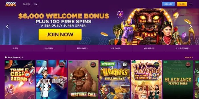 Super Slots casino homepage with welcome offer (US capture)